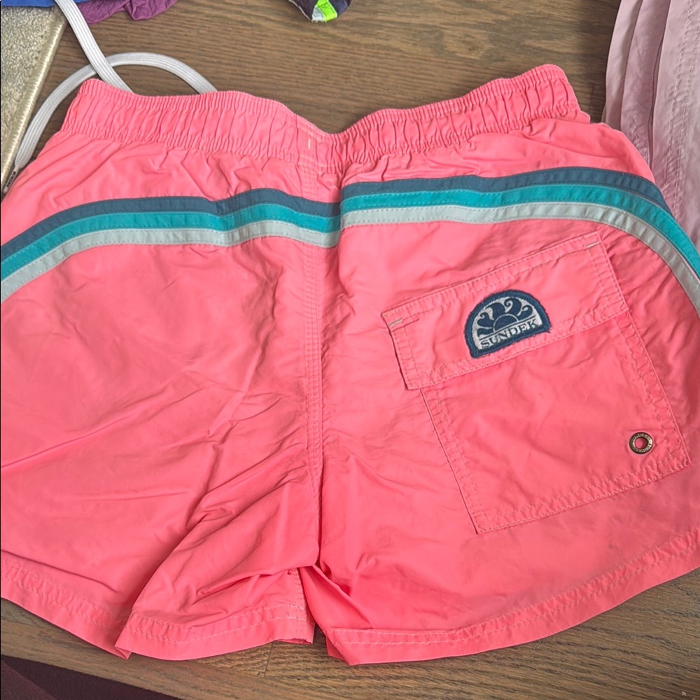 Sundek Pink Swim Trunks with Blue and Green Stripes